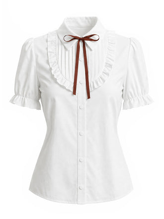 [Prévente] Blouse blanche à manches bouffantes, volants et col à nœud Années 1940