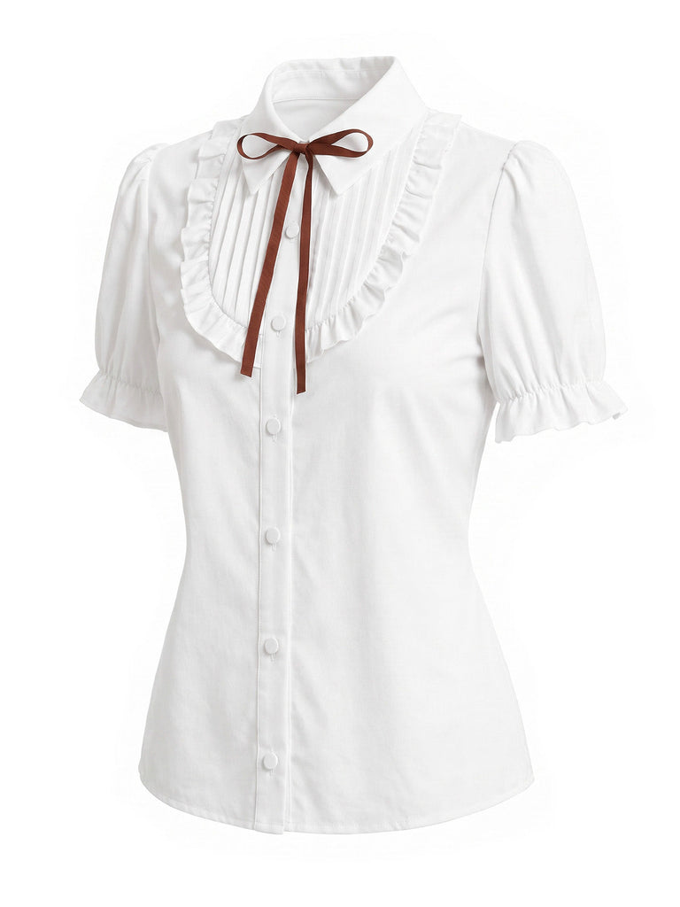 [Prévente] Blouse blanche à manches bouffantes, volants et col à nœud Années 1940