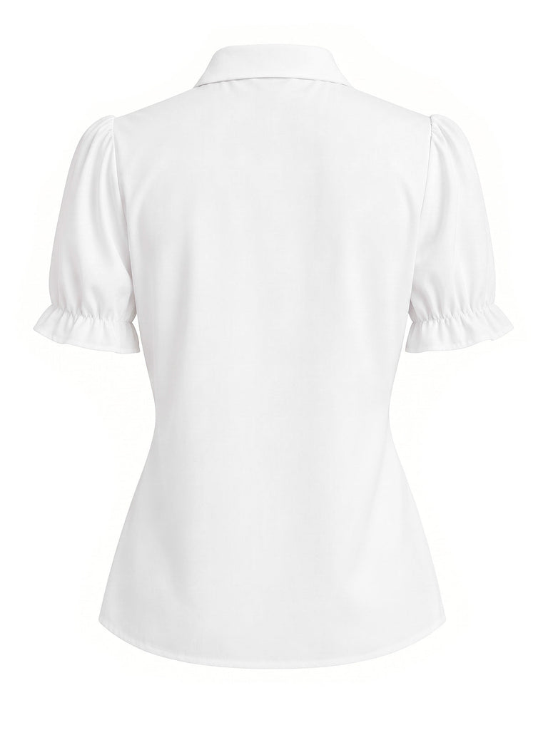 [Prévente] Blouse blanche à manches bouffantes, volants et col à nœud Années 1940