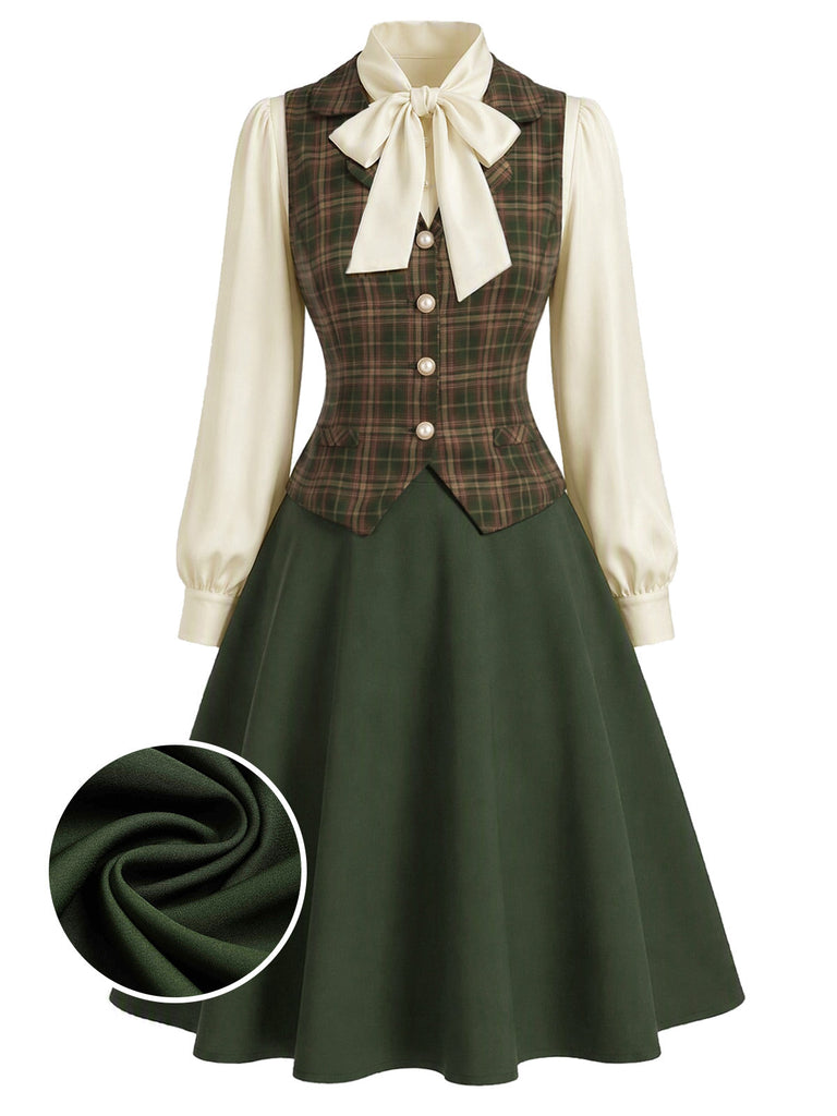[Prévente] Ensemble 3PCS avec blouse à col lavallière, gilet à carreaux et jupe en A Années 1940