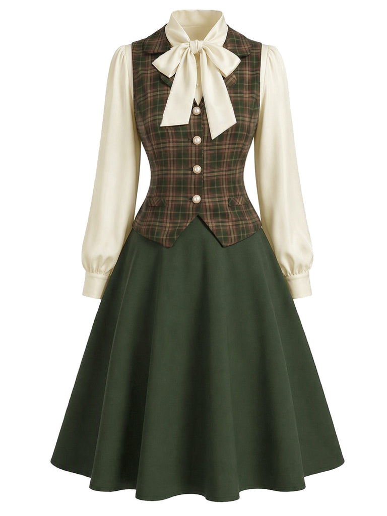 [Prévente] Ensemble 3PCS avec blouse à col lavallière, gilet à carreaux et jupe en A Années 1940