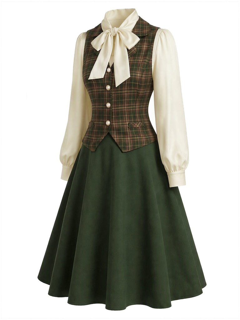 [Prévente] Ensemble 3PCS avec blouse à col lavallière, gilet à carreaux et jupe en A Années 1940