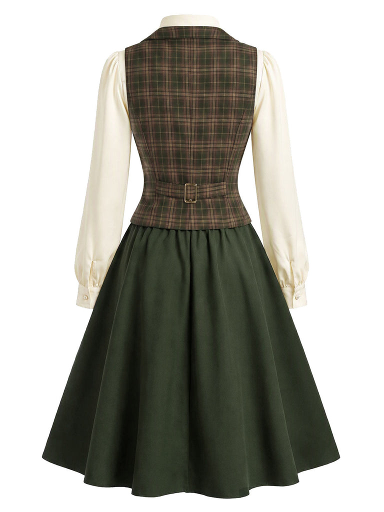 [Prévente] Ensemble 3PCS avec blouse à col lavallière, gilet à carreaux et jupe en A Années 1940