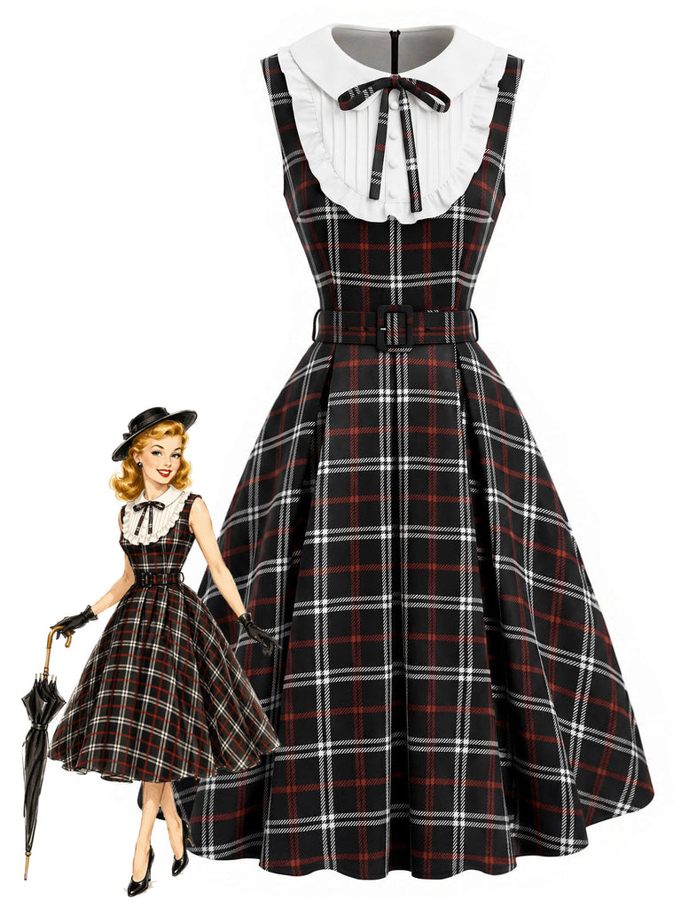 [Prévente] Robe à Col Claudine à Carreaux Noir et Rouge Années 1950