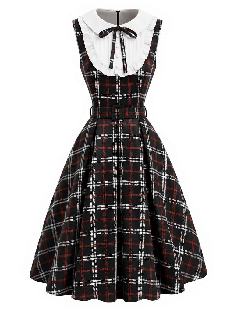 [Prévente] Robe à Col Claudine à Carreaux Noir et Rouge Années 1950