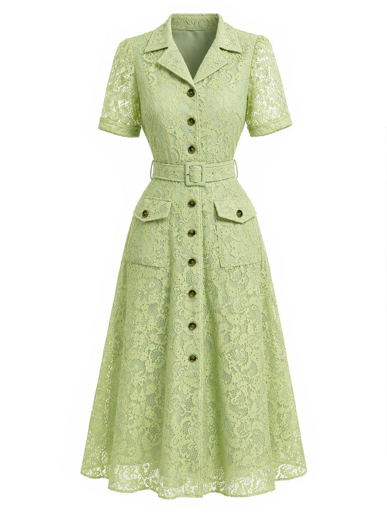 [Prévente] Robe Chemise Chartreuse Dentelle Ceinturée Col Revers avec Poches Années 1940 2