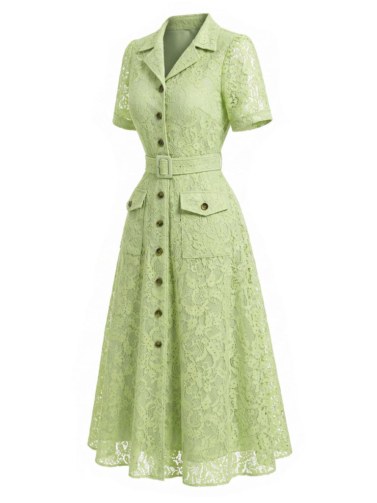 [Prévente] Robe Chemise Chartreuse Dentelle Ceinturée Col Revers avec Poches Années 1940 3