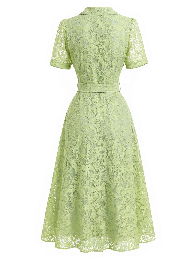 [Prévente] Robe Chemise Chartreuse Dentelle Ceinturée Col Revers avec Poches Années 1940 4