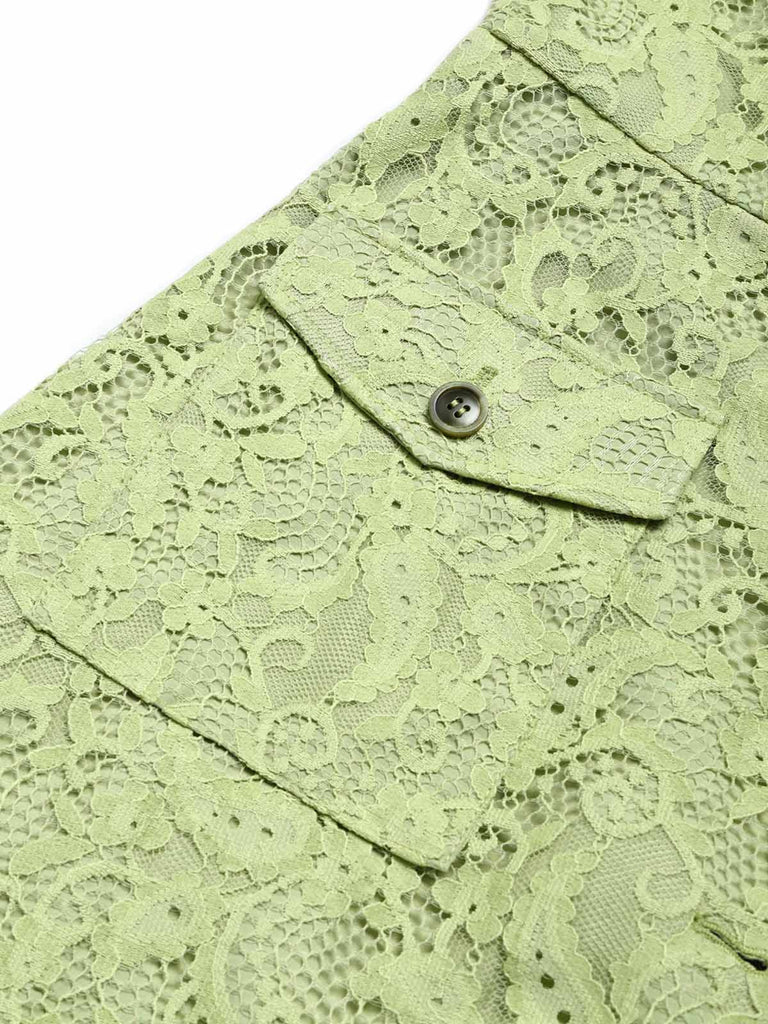 [Prévente] Robe Chemise Chartreuse Dentelle Ceinturée Col Revers avec Poches Années 1940 5