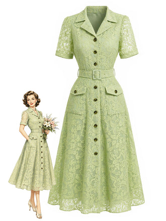 [Prévente] Robe Chemise Chartreuse Dentelle Ceinturée Col Revers avec Poches Années 1940