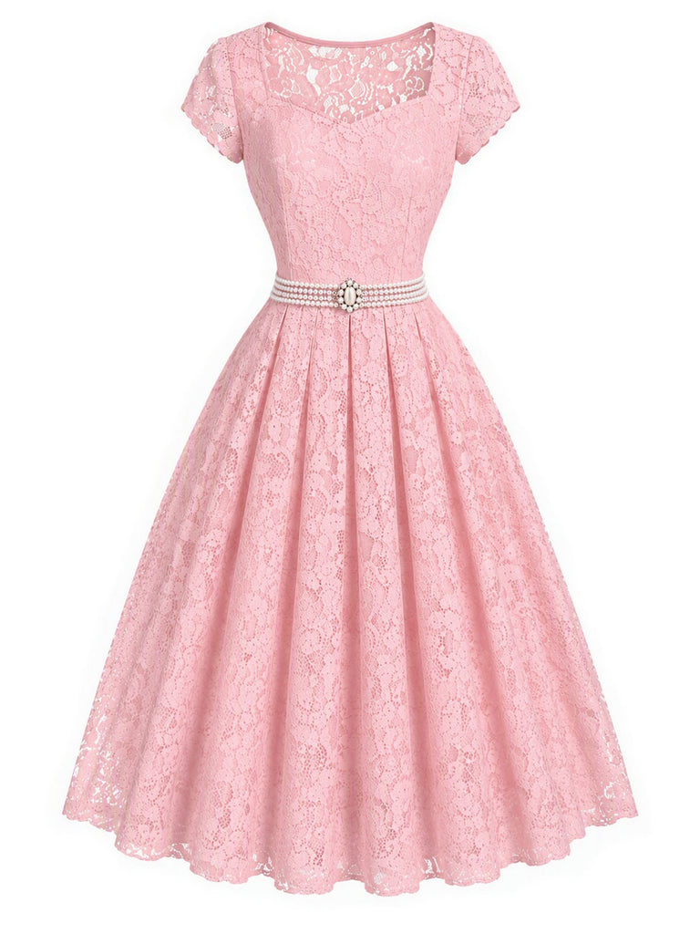 [Prévente] Robe Rose Sweetheart Dentelle Pearl Belt Umbrella Années 1950