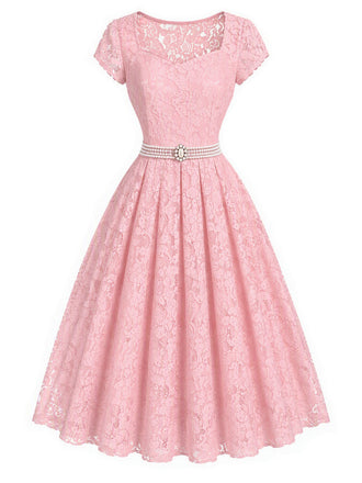 [Prévente] Robe Rose Sweetheart Dentelle Pearl Belt Umbrella Années 1950