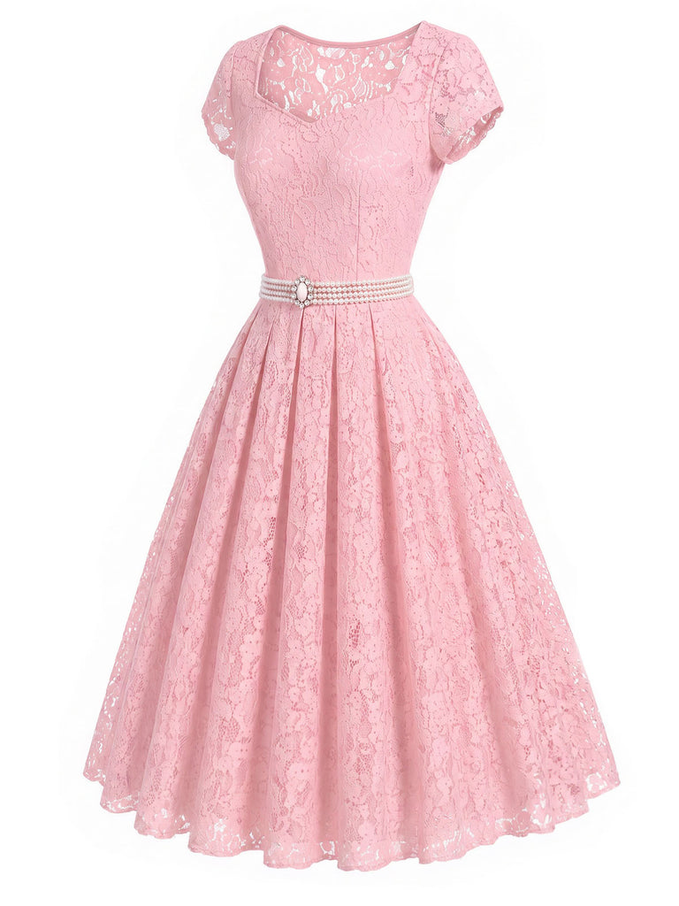 [Prévente] Robe Rose Sweetheart Dentelle Pearl Belt Umbrella Années 1950