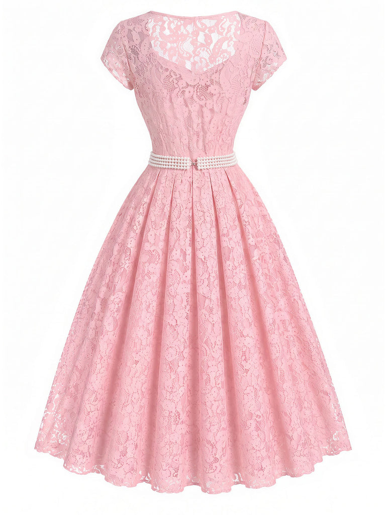 [Prévente] Robe Rose Sweetheart Dentelle Pearl Belt Umbrella Années 1950