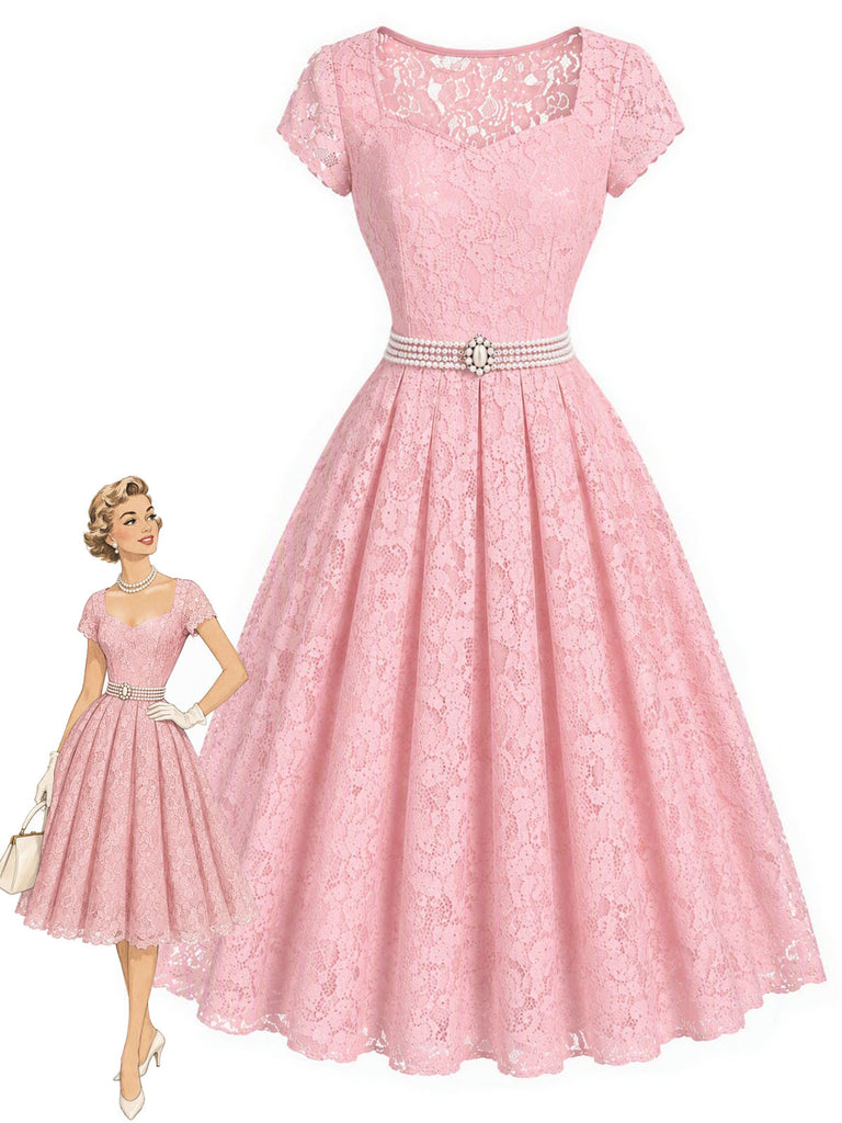 [Prévente] Robe Rose Sweetheart Dentelle Pearl Belt Umbrella Années 1950