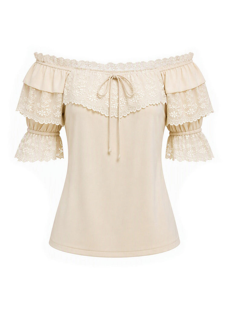 [Prévente] 2PCS Beige Off‑Shoulder Dentelle Volant Top et Asymétrique Jupe Années 1970