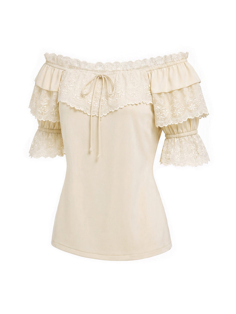[Prévente] Tops Beige Convertible Off‑Shoulder Dentelle Volant Années 1970