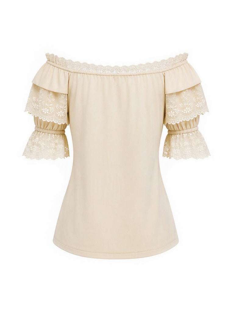 [Prévente] 2PCS Beige Off‑Shoulder Dentelle Volant Top et Asymétrique Jupe Années 1970