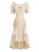 [Prévente] 2PCS Beige Off‑Shoulder Dentelle Volant Top et Asymétrique Jupe Années 1970