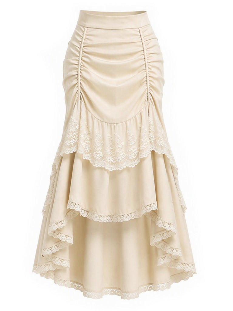 [Prévente] Jupe Beige Dentelle Asymétrique Taille Haute à Volants Étagés Volant Jupe Années 1970