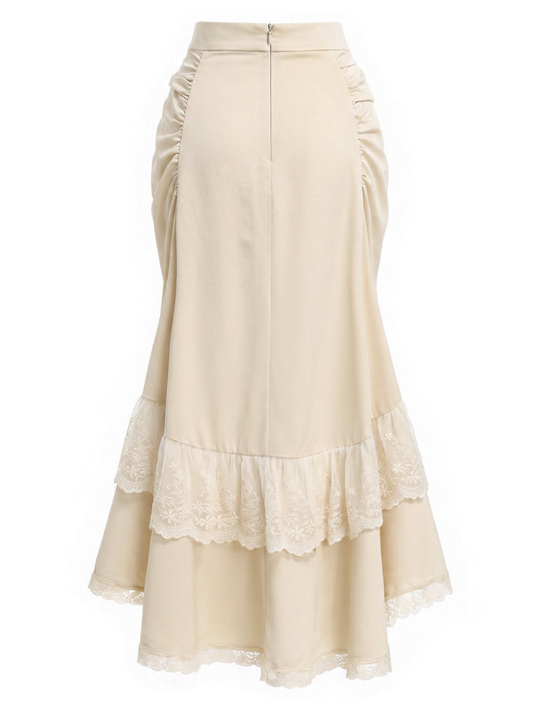 [Prévente] 2PCS Beige Off‑Shoulder Dentelle Volant Top et Asymétrique Jupe Années 1970