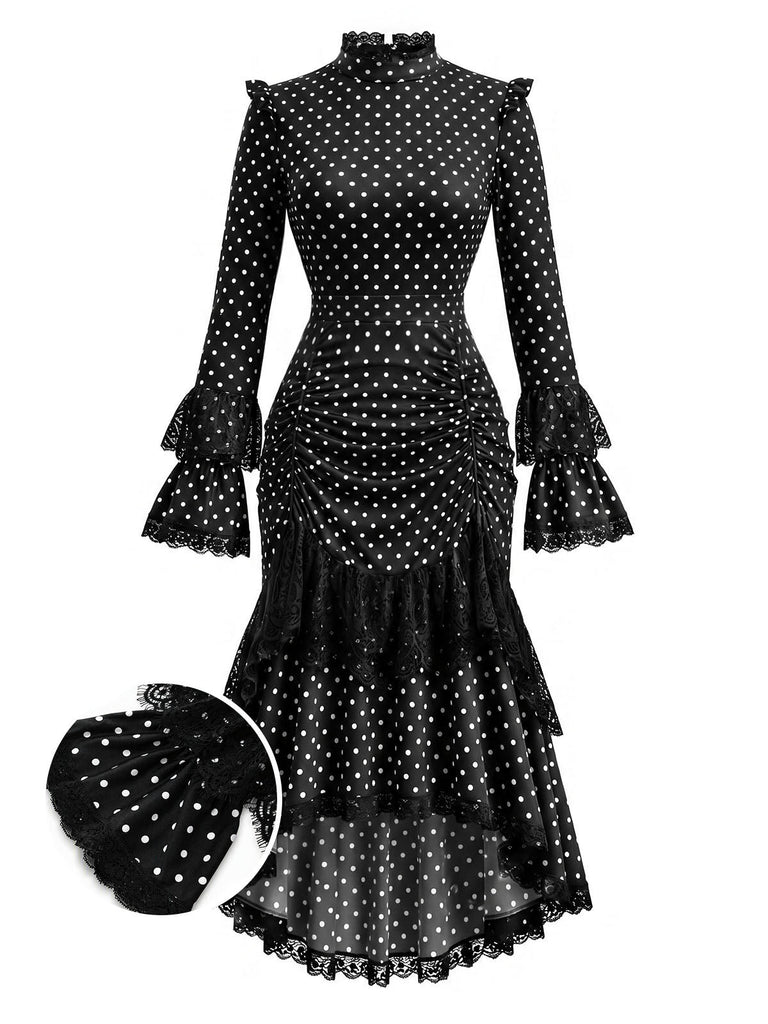 [Prévente] Robe gothique noire à pois, dentelle et fronces années 1970