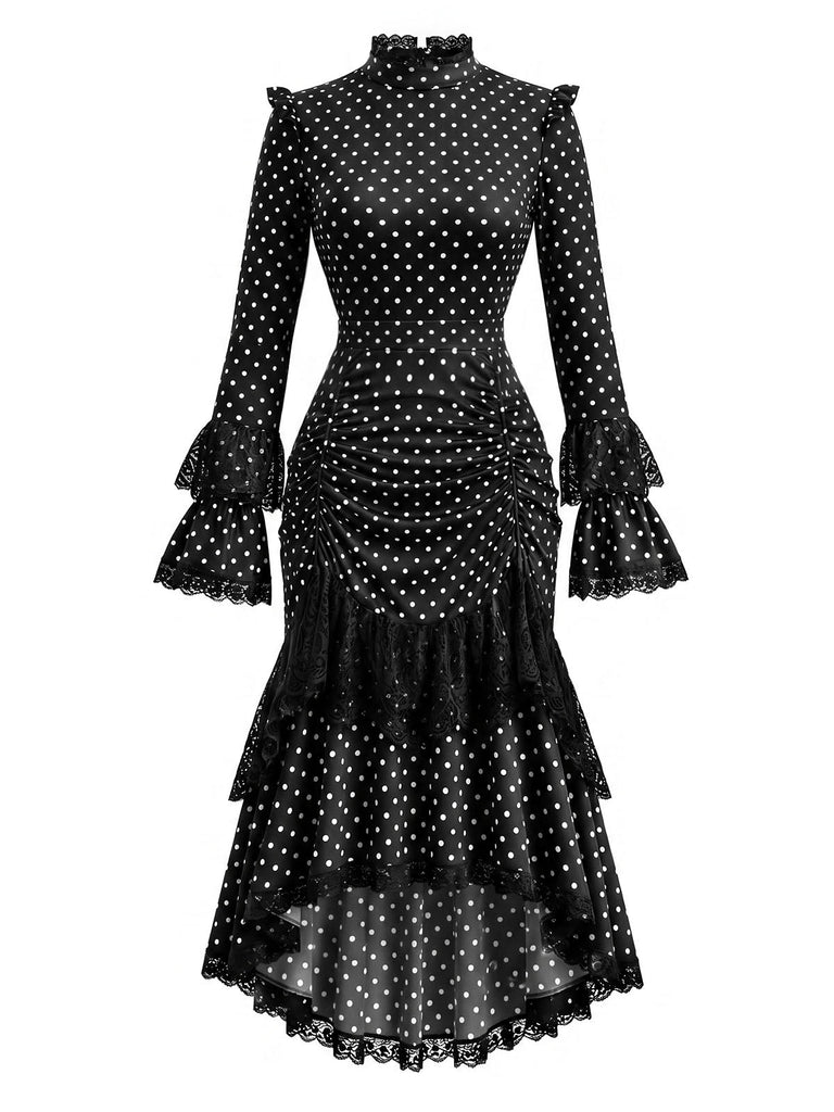 [Prévente] Robe gothique noire à pois, dentelle et fronces années 1970