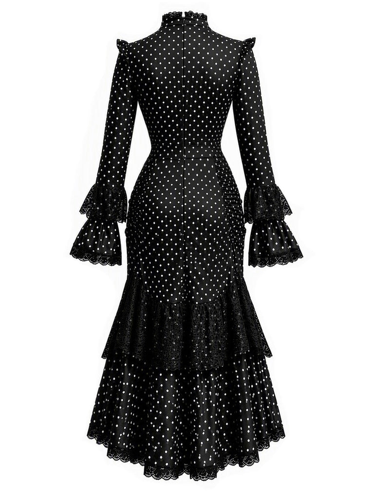[Prévente] Robe gothique noire à pois, dentelle et fronces années 1970