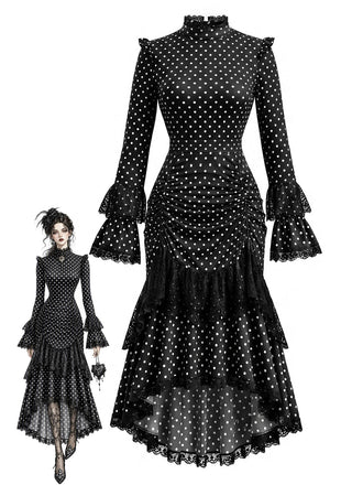 [Prévente] Robe gothique noire à pois, dentelle et fronces années 1970