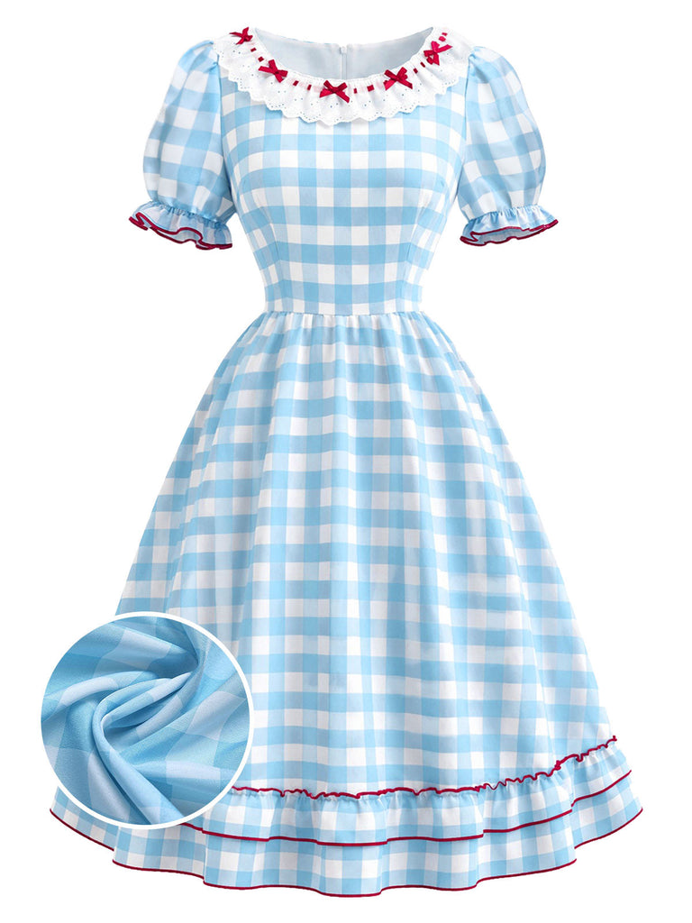 [Prévente] Robe à Carreaux avec Dentelle Nœud et Volants Bleu et Blanc Années 1940