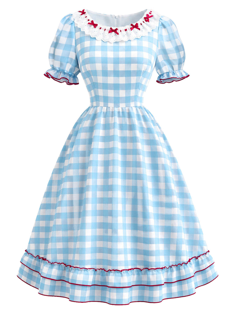 [Prévente] Robe à Carreaux avec Dentelle Nœud et Volants Bleu et Blanc Années 1940