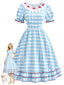 [Prévente] Robe bleue et blanche carreaux nœud en dentelle et volants années 40