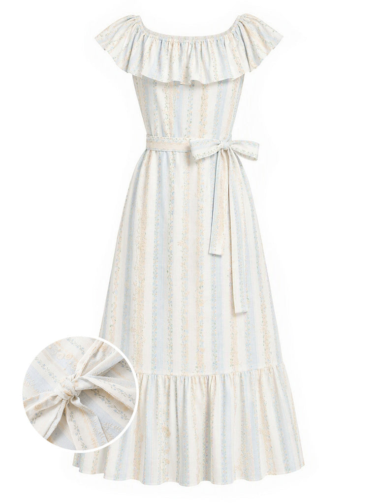 [Prévente] Robe Brodé Floral Stripe Convertible Volant Col Années 1930