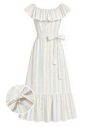 [Prévente] Robe Brodé Floral Stripe Convertible Volant Col Années 1930