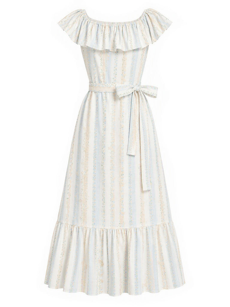[Prévente] Robe Brodé Floral Stripe Convertible Volant Col Années 1930