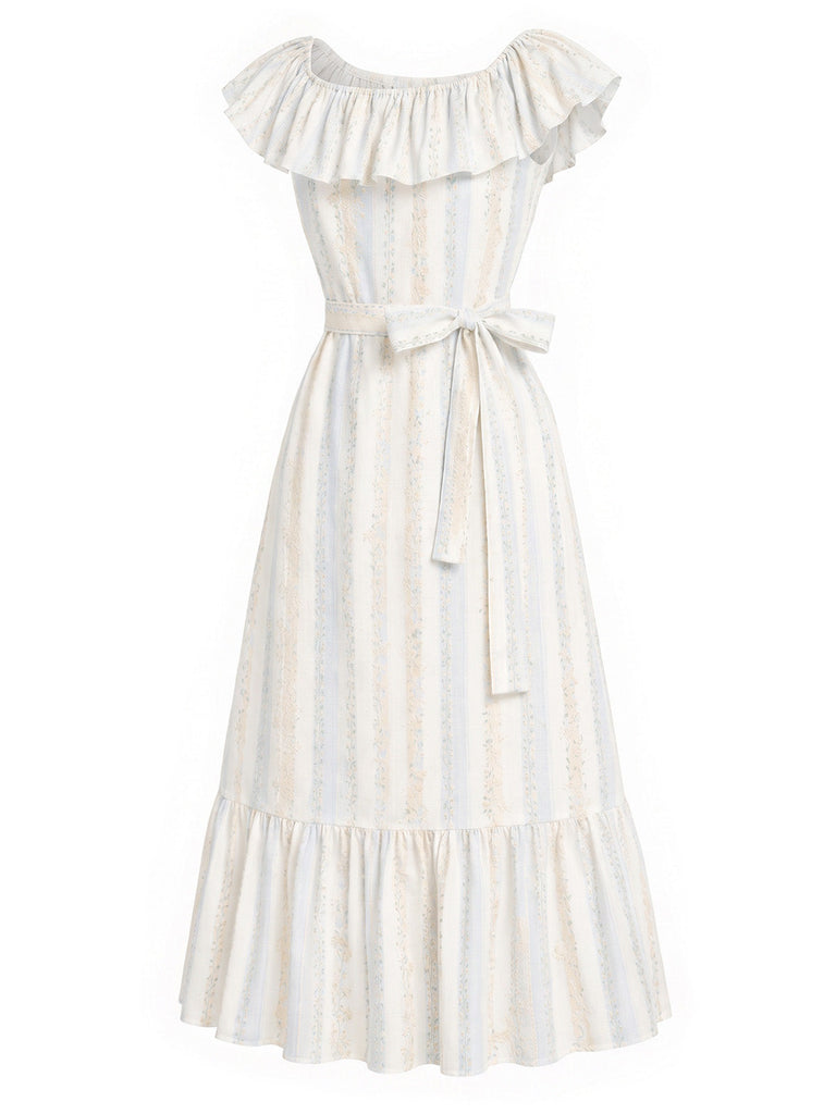 [Prévente] Robe Brodé Floral Stripe Convertible Volant Col Années 1930