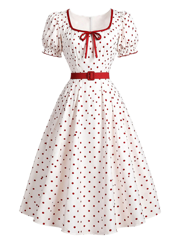 [Prévente] Robe à Pois à Col Carré avec Nœud Rouge et Blanc Années 1950