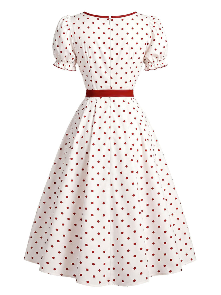 [Prévente] Robe à Pois à Col Carré avec Nœud Rouge et Blanc Années 1950