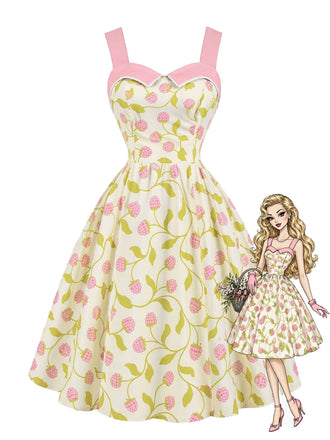 [Prévente] Robe Pale Vert Suspender Carnberry Imprimé Années 1950