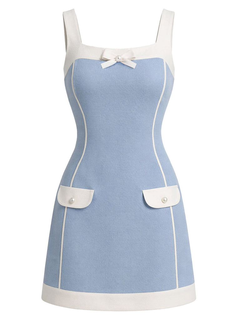 [Prévente] Robe Bleu Col Carré Colorblock Nœud en A Années 1960