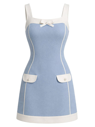 [Prévente] Robe Bleu Col Carré Colorblock Nœud en A Années 1960