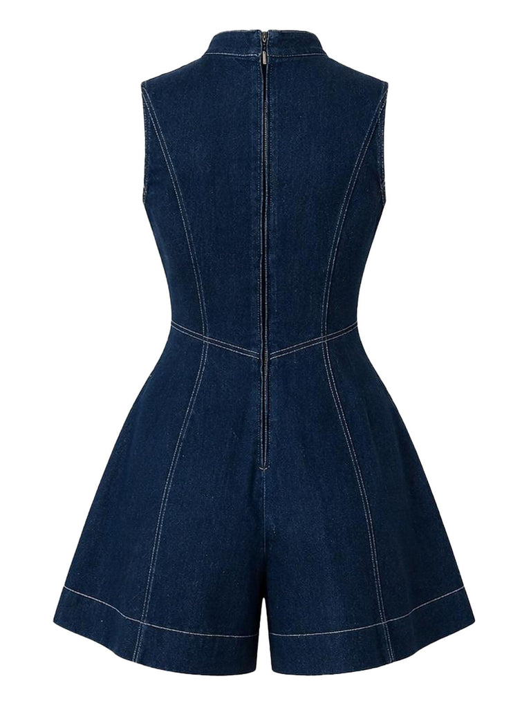 [Prévente] Combishort Bleu Col Montant Sans Manches Boutonné Devant Denim Années 1980 2