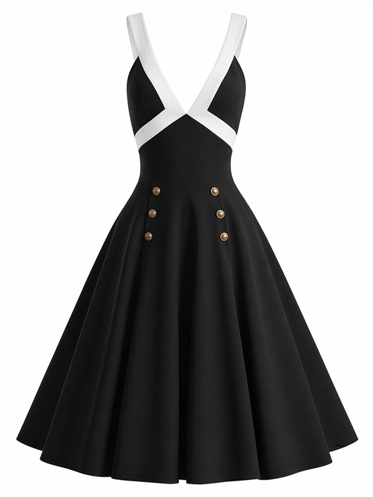 [Prévente] Robe Noir Contrasté Deep V Double Buttons Évasé Années 1950