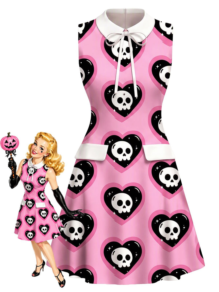 [Prévente] Robe rose gothique col Claudine motif cœur et tête de mort années 60