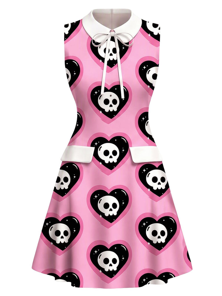[Prévente] Robe rose gothique col Claudine motif cœur et tête de mort années 60