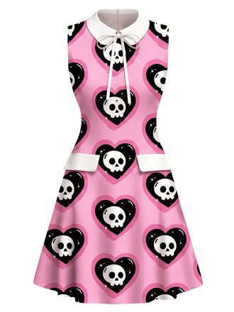 [Prévente] Robe rose gothique col Claudine motif cœur et tête de mort années 60
