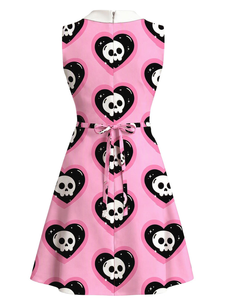 [Prévente] Robe rose gothique col Claudine motif cœur et tête de mort années 60