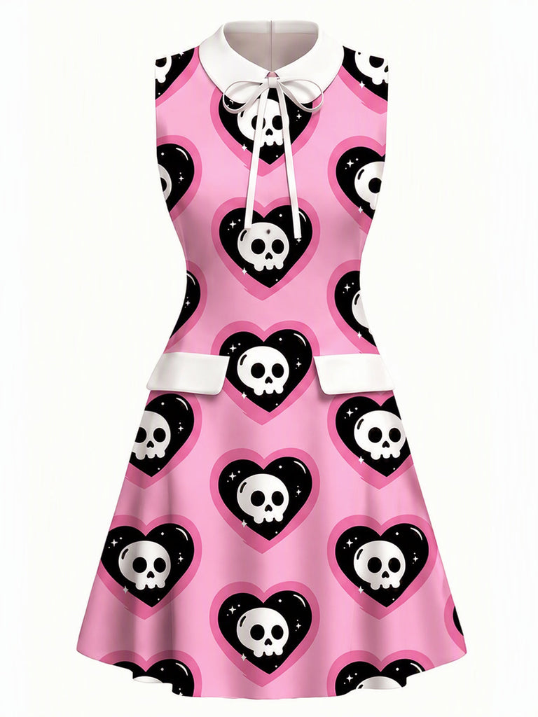 [Prévente] Robe Gothique à Col Claudine avec Cœur et Crâne Rose Années 1960