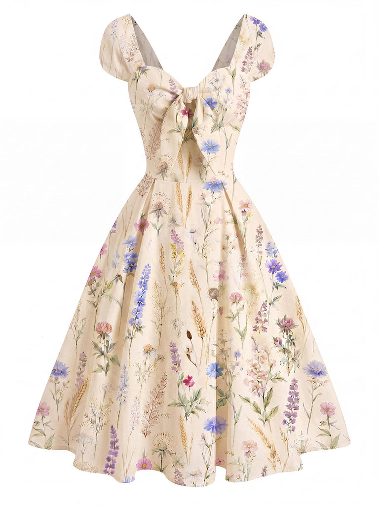 [Prévente] Robe Beige Encolure Cœur Wildflower Nœud Années 1950 2