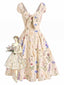[Prévente] Robe beige encolure cœur nœud et motif fleurs champs années 50
